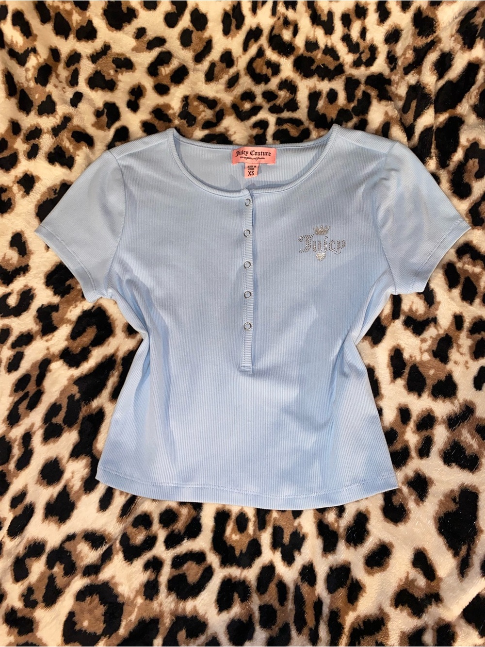Juicy Couture Baby Blue Ribbed Henley Tee with Rhinestone Logo